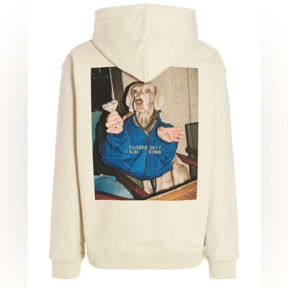 Closed Beige Hoodie with Blue Dog Graphic